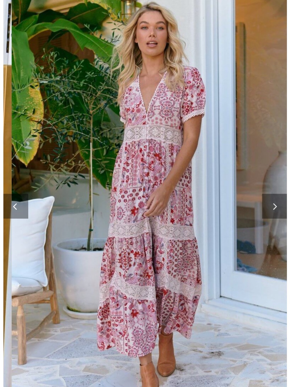 JAASE HUNTLEY Ruby Red Tiered MAXI DRESS with Ruffles and Crochet Lace Sz M